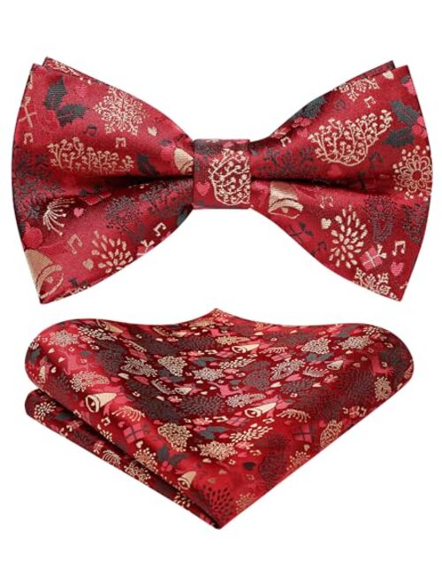 HISDERN Christmas Bow Tie and Pocket Square Set Pre Tied Bowties for Men Xmas Festival Woven Bowtie with Handkerchief