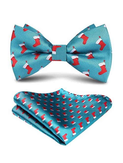 HISDERN Christmas Bow Tie and Pocket Square Set Pre Tied Bowties for Men Xmas Festival Woven Bowtie with Handkerchief