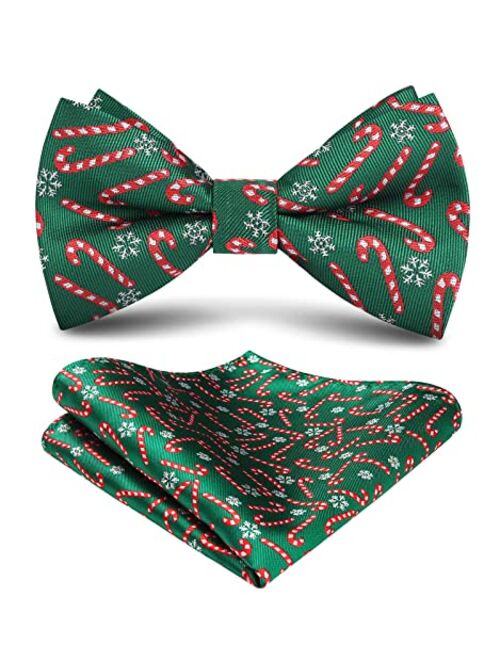 HISDERN Christmas Bow Tie and Pocket Square Set Pre Tied Bowties for Men Xmas Festival Woven Bowtie with Handkerchief