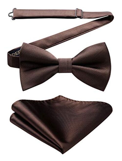 HISDERN Men's Solid Color Microfiber Pre Bow Tie Pocket Square Set