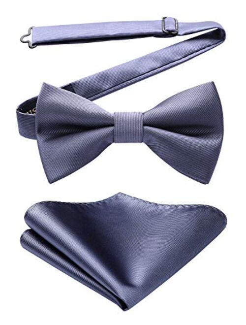 HISDERN Men's Solid Color Microfiber Pre Bow Tie Pocket Square Set