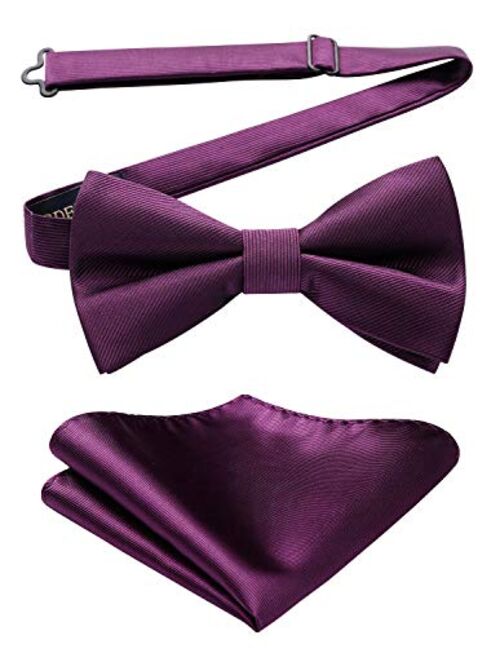 HISDERN Men's Solid Color Microfiber Pre Bow Tie Pocket Square Set