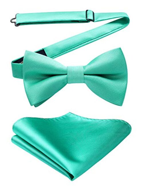 HISDERN Men's Solid Color Microfiber Pre Bow Tie Pocket Square Set