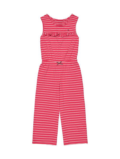 Tommy Hilfiger Raspberry Stripe Ruffle Sleeveless Crop Wide-Leg Jumpsuit - Girls