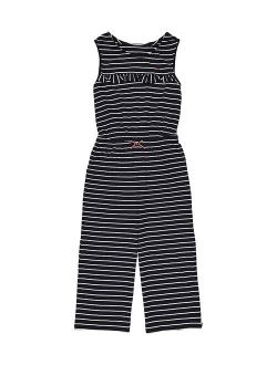 Navy Blazer Stripe Ruffle Sleeveless Crop Wide-Leg Jumpsuit - Girls