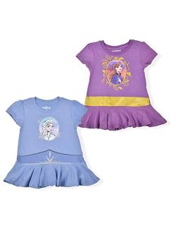 Frozen 2 Girl's 2-Pack Princess Anna and Elsa Character Tees with Cape, Purple/Blue