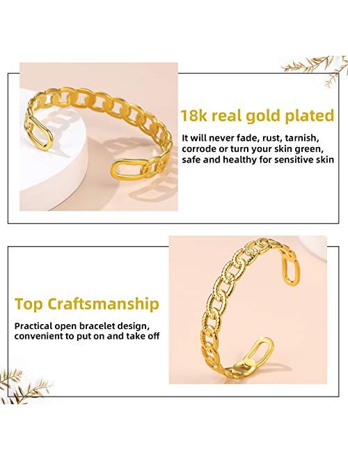 GOLDCHIC JEWELRY Wide Open Cuff Bracelet, Stainless Steel 7.7mm/10mm Leaf/Star/Chain Link/Wheat Braided Style Adjustable Boho Stackable Bangle Bracelet,Gift Box Included