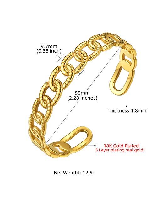 GOLDCHIC JEWELRY Wide Open Cuff Bracelet, Stainless Steel 7.7mm/10mm Leaf/Star/Chain Link/Wheat Braided Style Adjustable Boho Stackable Bangle Bracelet,Gift Box Included