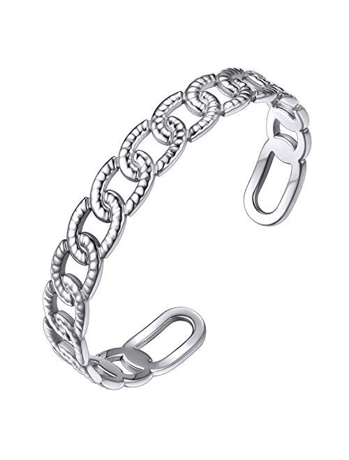 GOLDCHIC JEWELRY Wide Open Cuff Bracelet, Stainless Steel 7.7mm/10mm Leaf/Star/Chain Link/Wheat Braided Style Adjustable Boho Stackable Bangle Bracelet,Gift Box Included