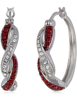 Rhodium Plated Sterling Silver Ruby-Colored and White Swarovski Crystal Twisted Hoop Earrings