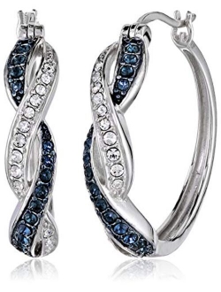 Rhodium Plated Sterling Silver Ruby-Colored and White Swarovski Crystal Twisted Hoop Earrings