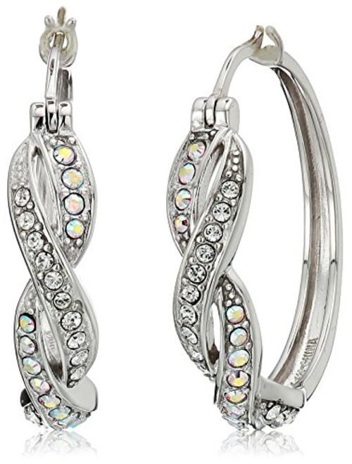 Rhodium Plated Sterling Silver Ruby-Colored and White Swarovski Crystal Twisted Hoop Earrings