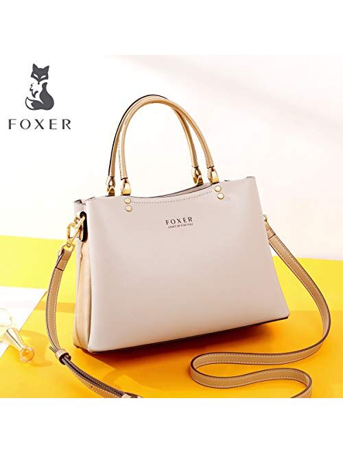 FOXER Women Leather Handbag Purse Top Handle Crossbody Bag Leather Tote Shoulder Bag