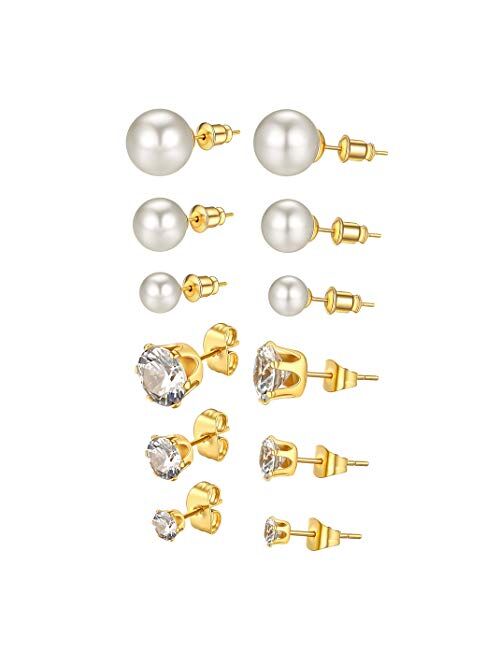 GoldChic Jewelry 6 Pair/7 Pairs Round Clear CZ Faux Pearl/Bezel-set Stud Earings Set 5mm Interchangeable,Stainless Steel Earrings for Sensitive Ears,[Can Change Stone]