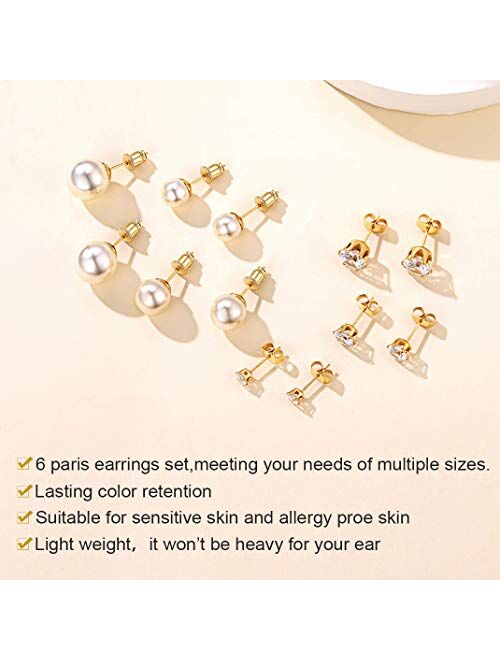 GoldChic Jewelry 6 Pair/7 Pairs Round Clear CZ Faux Pearl/Bezel-set Stud Earings Set 5mm Interchangeable,Stainless Steel Earrings for Sensitive Ears,[Can Change Stone]