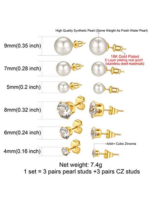 GoldChic Jewelry 6 Pair/7 Pairs Round Clear CZ Faux Pearl/Bezel-set Stud Earings Set 5mm Interchangeable,Stainless Steel Earrings for Sensitive Ears,[Can Change Stone]