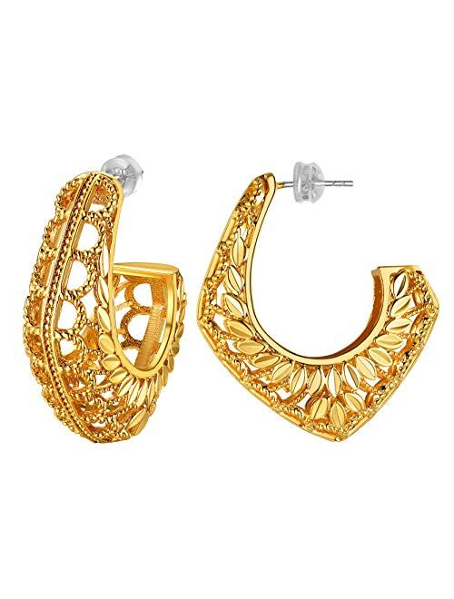 GoldChic Jewelry Chunky Wide Filigree Earrings,18K Gold Plated Geometric Rhombic/C Shape Hollow Out Flower Hoop Statement Boho Ethnic Earrings for Women Girls Hypoallerge