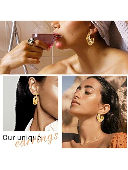 GoldChic Jewelry Chunky Wide Filigree Earrings,18K Gold Plated Geometric Rhombic/C Shape Hollow Out Flower Hoop Statement Boho Ethnic Earrings for Women Girls Hypoallerge