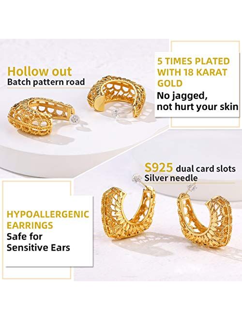 GoldChic Jewelry Chunky Wide Filigree Earrings,18K Gold Plated Geometric Rhombic/C Shape Hollow Out Flower Hoop Statement Boho Ethnic Earrings for Women Girls Hypoallerge