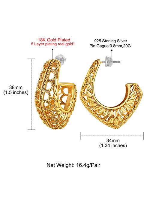 GoldChic Jewelry Chunky Wide Filigree Earrings,18K Gold Plated Geometric Rhombic/C Shape Hollow Out Flower Hoop Statement Boho Ethnic Earrings for Women Girls Hypoallerge