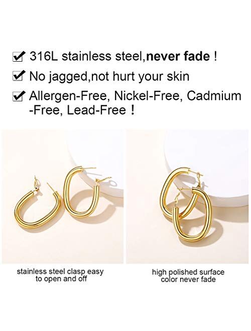 GoldChic Jewelry Chunky Triangle/Oval Creole Hoop Earrings -Stainless Steel Geometric Loop Hoops for Women,Statement Surgical Hoops Earrings for Sensitive Ears (30mm/50mm