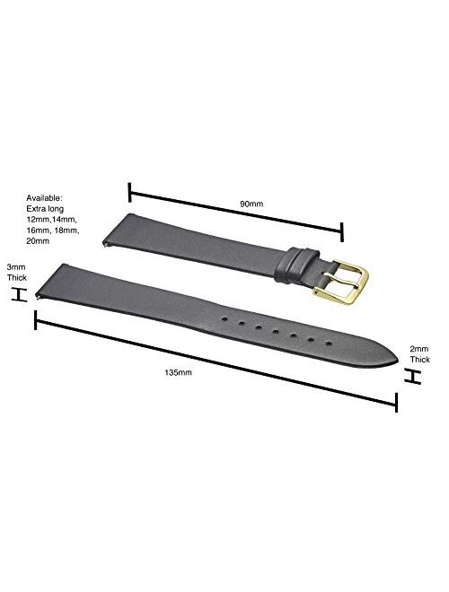 ALPINE Genuine thin leather watch band - flat slim leather watch strap in Extra Long Length for WIDER WRISTS ONLY- Black, Brown in Sizes 12XL, 14XL, 16XL, 18XL, 20XL (fit