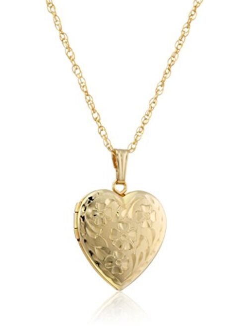 14k Yellow Gold-Filled Engraved Flowers Heart Locket, 18"