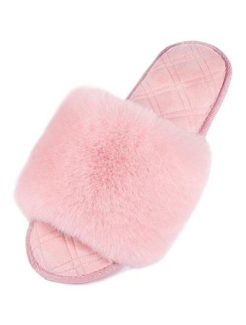 LongBay Women's Fuzzy Faux Fur Memroy Foam Flat Spa Slide Slippers Open Toe House Shoes Sandals