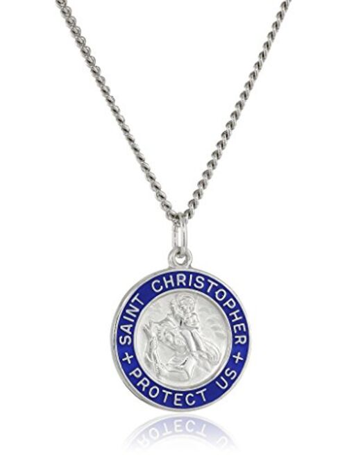 Amazon Collection Sterling Silver Round Saint Christopher Medal Pendant Necklace with Blue Epoxy Edge and Rhodium Plated Stainless Steel Chain, 20"