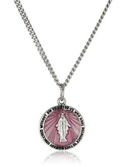 Sterling Silver Miraculous Medal with Pink Epoxy and Stainless Steel Chain Pendant Necklace, 20"