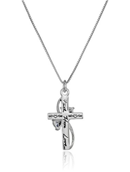 Sterling Silver Cubic Zirconia "Faith Hope Love" Cross Pendant Necklace, 18"