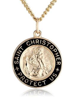 14k Gold-Filled Solid Round Saint Christopher Medal with Black Epoxy Border and Gold Plated Stainless Steel Chain, 20"