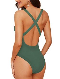 Upopby Women's One Piece Athletic Swimsuit Crisscross Sports Training Racerback Swimwear Plus Size Slimming Bathing Suit