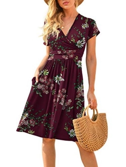 LILBETTER Women's Summer Casual Short Sleeve V-Neck Short Party Dress with Pockets