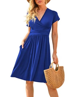 LILBETTER Women's Summer Casual Short Sleeve V-Neck Short Party Dress with Pockets