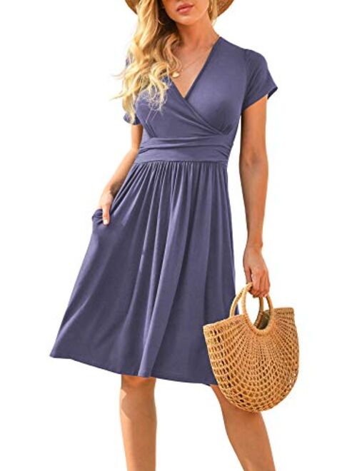 LILBETTER Women's Summer Casual Short Sleeve V-Neck Short Party Dress with Pockets