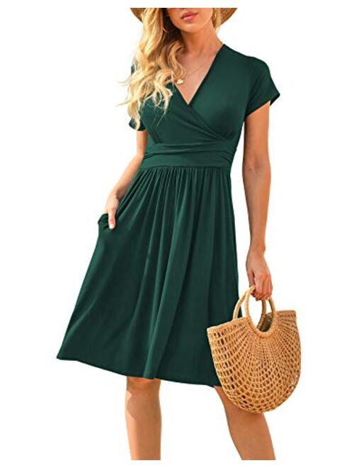 LILBETTER Women's Summer Casual Short Sleeve V-Neck Short Party Dress with Pockets