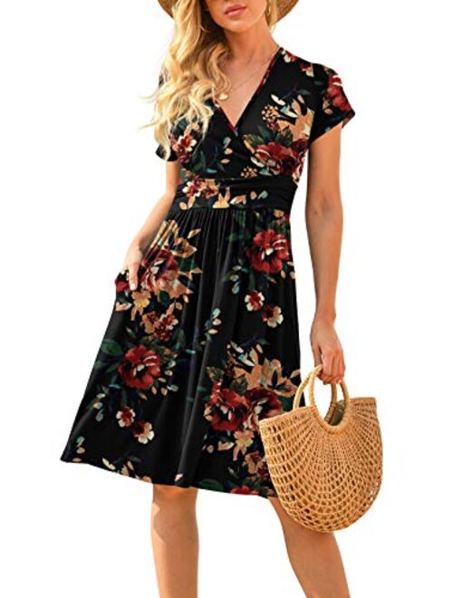 LILBETTER Women's Summer Casual Short Sleeve V-Neck Short Party Dress with Pockets