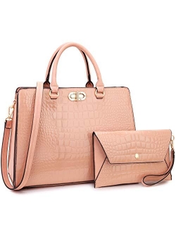 Women Handbags Fashion Satchel Purses Top Handle Tote Work Bags Shoulder Bags with Matching Clutch 2pcs Set