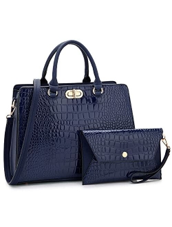 Women Handbags Fashion Satchel Purses Top Handle Tote Work Bags Shoulder Bags with Matching Clutch 2pcs Set