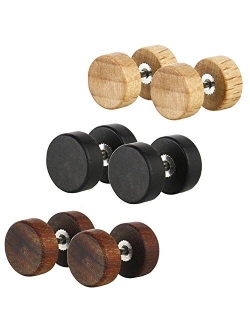 JewelrieShop Fake Plugs Wood Stud Earrings Fake Gauge Natural Wood Cheater Plugs Faux Gauges Earrings for Men Women (8-10mm, 17 Gauges)