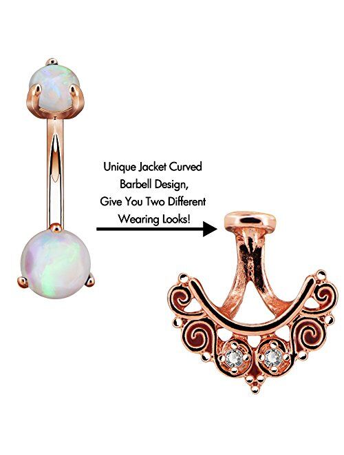 OUFER 14G Belly Button Rings 316L Stainless Steel White Opal Clear CZ Filigree Jacket 14g Curved Barbell Navel Rings