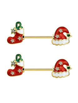 Christmas Nipple Rings Piercing Women Surgical Steel Nipple Ring with Santa Hat and Shoes Nipple Piercing Jewelry