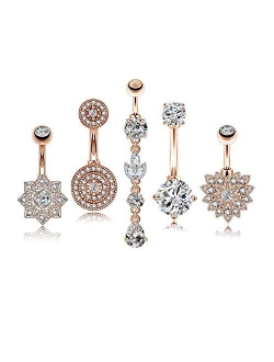 5 PCS/Set 14G Belly Button Rings Stainless Steel Navel Rings Piercings Flower Dangle Clear Gem Body Jewelry for Women