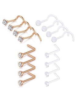 Nose Studs 20G, 12pcs-16pcs 8mm 10mm Rose Gold Silver Nose Rings Hoop and L Shaped Nose Studs Screws Piercing Set