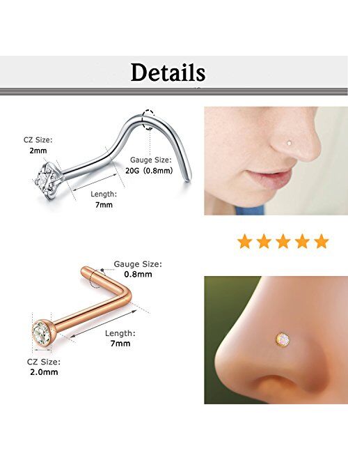 D.Bella Nose Studs 20G, 12pcs-16pcs 8mm 10mm Rose Gold Silver Nose Rings Hoop and L Shaped Nose Studs Screws Piercing Set