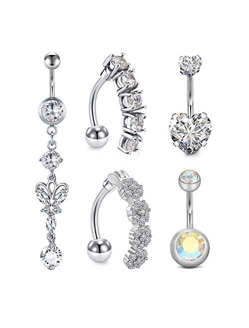 D.Bella Belly Button Rings Surgical Steel 14G Dangle Reverse Belly Ring Sparkly CZ Navel Piercings Jewelry for Women 10mm