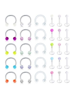 Clear Cartilage Earring-20pcs 16G Clear Acrylic Bioflex Tragus Retainer Lip Rings Nose Studs Labret Monroe Ear Helix Earring Clear