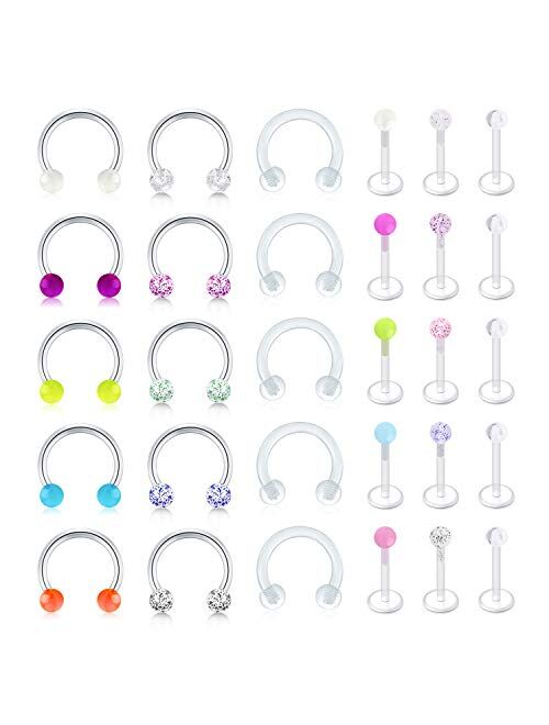 D.Bella Clear Cartilage Earring-20pcs 16G Clear Acrylic Bioflex Tragus Retainer Lip Rings Nose Studs Labret Monroe Ear Helix Earring Clear