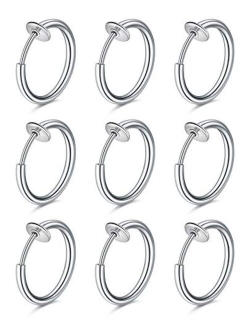 Fake Nose Rings Hoop Clip on Spring Fake Hoop Earring Stainless Steel Retractable Nose Ring Faux Helix Cartilage Ear Lobe Conch Earrings Fake Nose Lip Ear Piercin